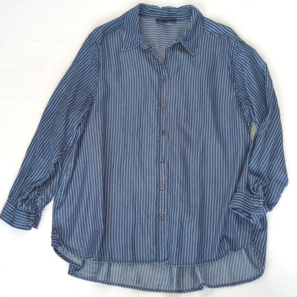 Jane + Delancey Blue White Pinstripe Long Sleeve Button Down Boyfriend Shirt 1X - Picture 3 of 14